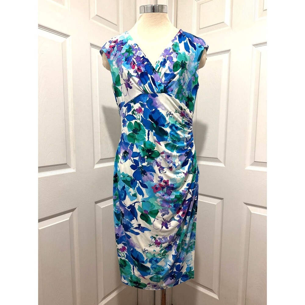 RALPH LAUREN Womens Size 12 Blue Floral Sheath Ruched Cap Sleeve Faux wrap Dress
